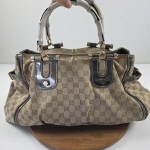 Gucci Satchel Bag Womens Large Beige Canvas Leather Bamboo Handle Monogram Italy